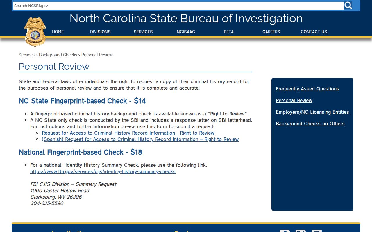 Robeson County criminal court records and SBI personal-review instructions