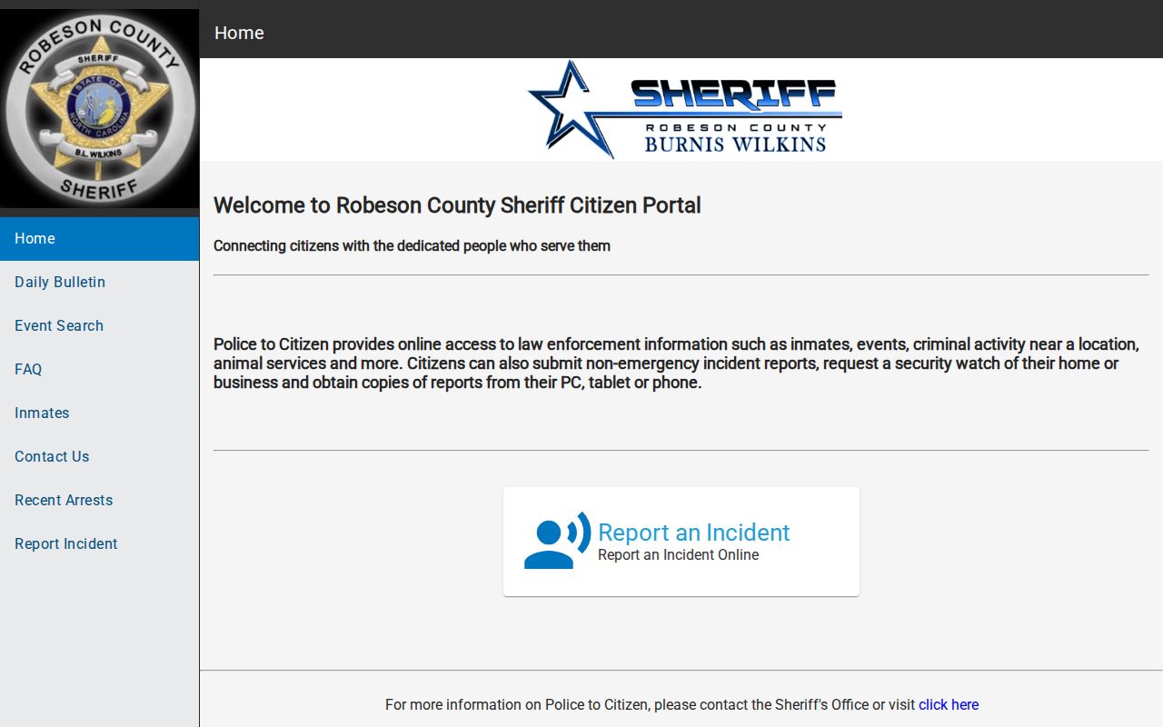Robeson County criminal records Police2Citizen navigation